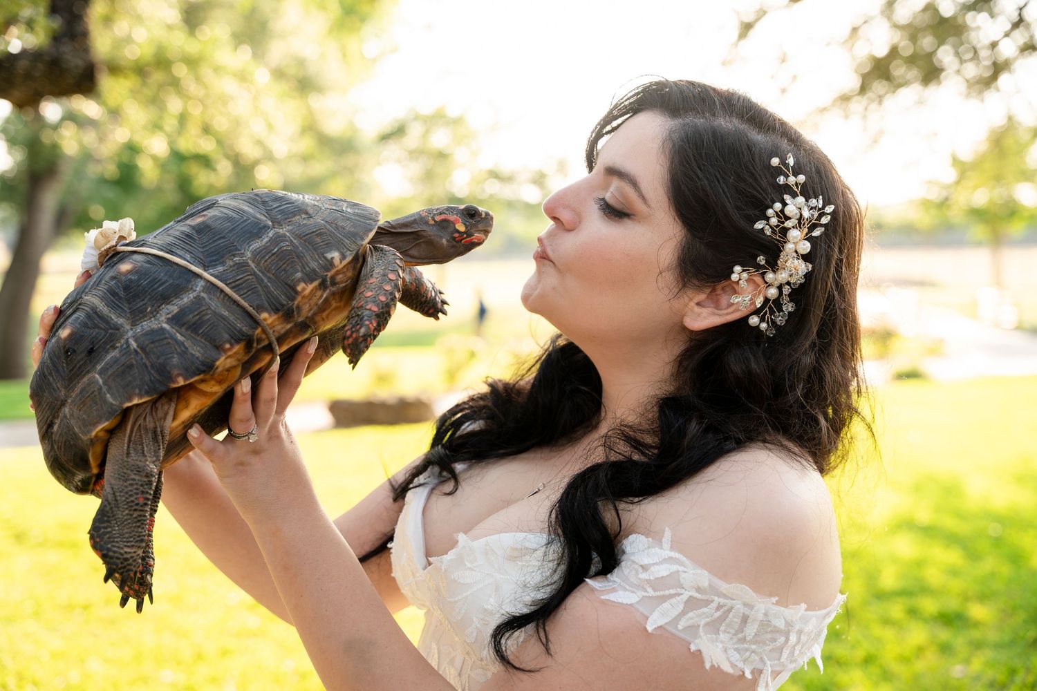A bride in a white dress holds and kisses a turtle while posing outdoors in a sunny garden setting.