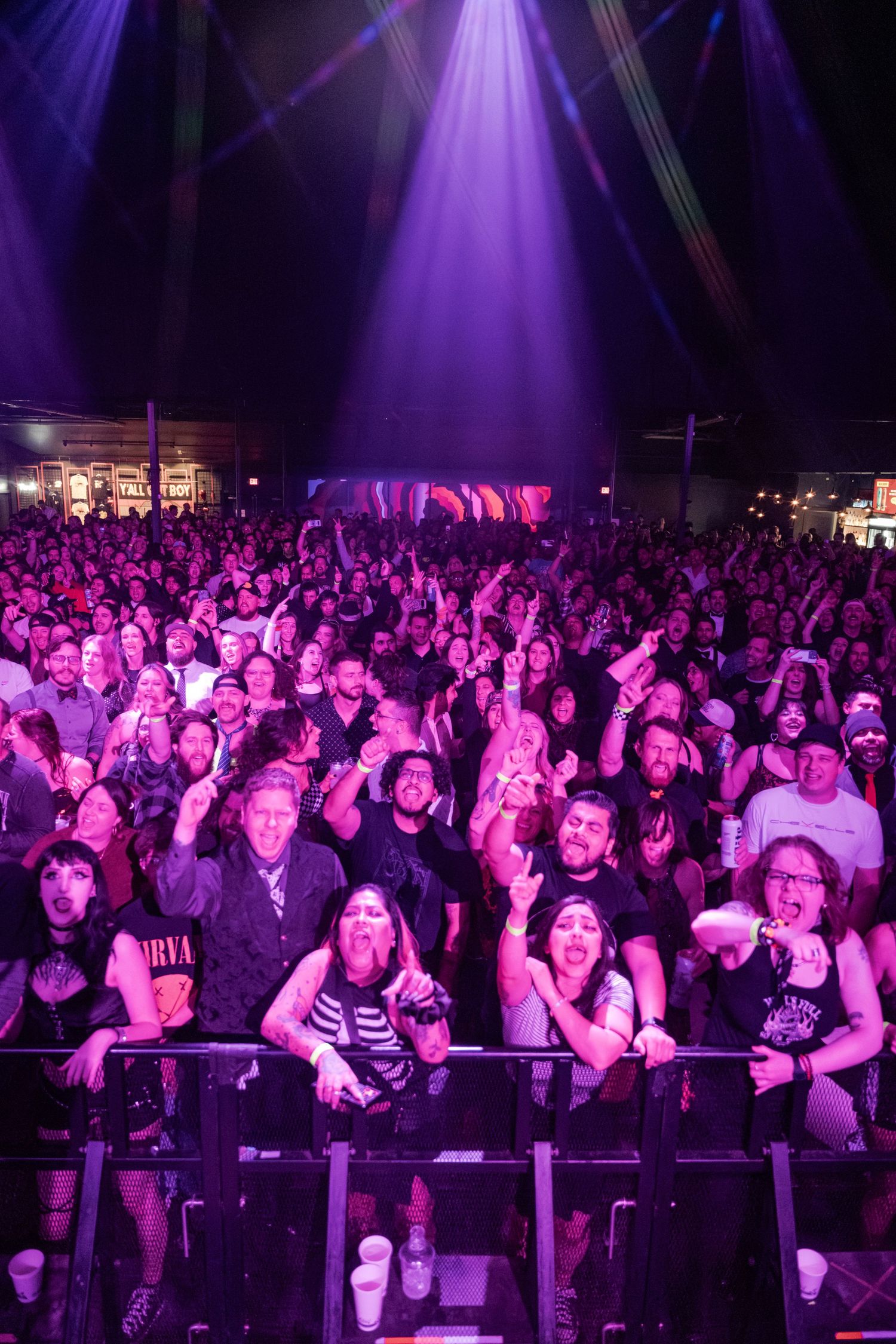 Large crowd of rock concert fans illuminated by purple stage lights, raising hands and cheering at an outdoor music festival.