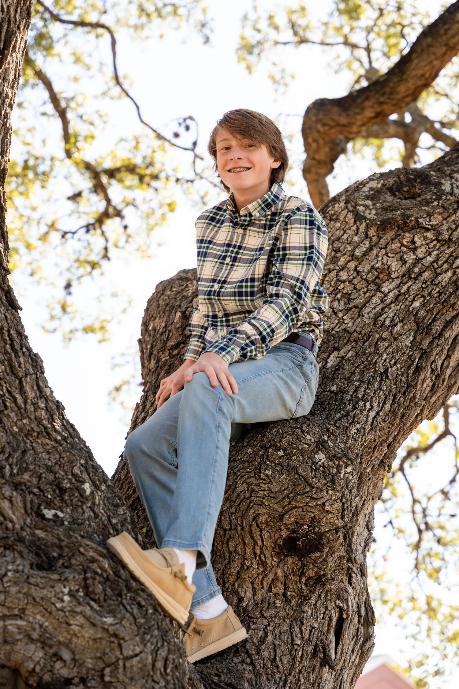 Youth sitting casually in large tree branch wearing plaid shirt.