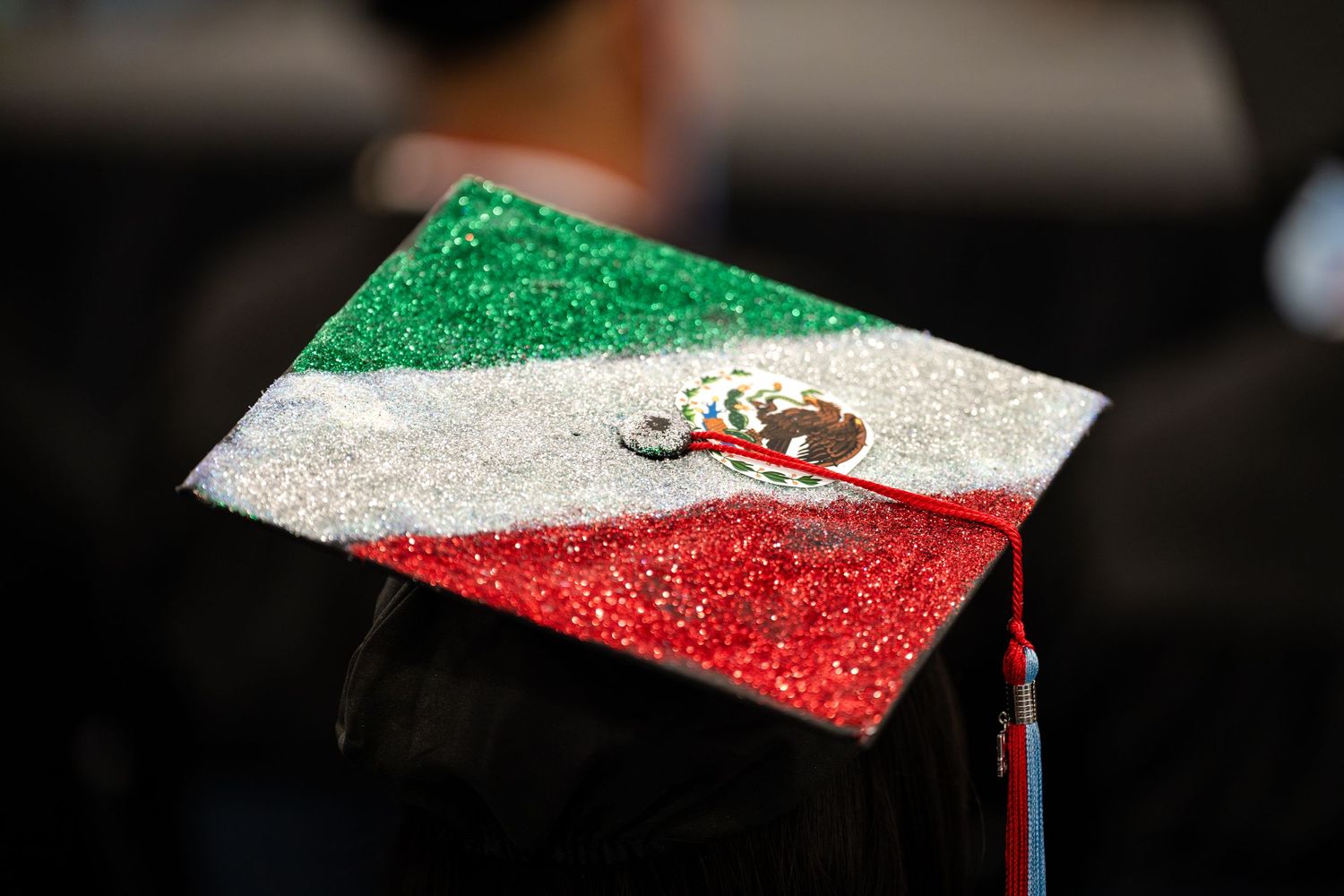 Graduation cap decorated with glittery Iranian flag design.