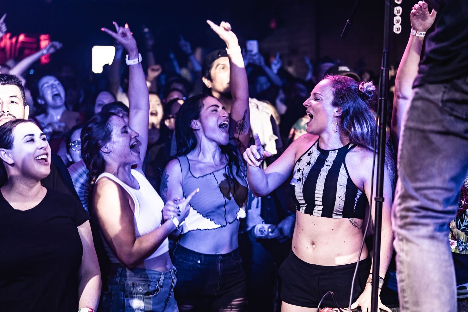 Energetic crowd dances and cheers at concert venue under blue stage lighting.