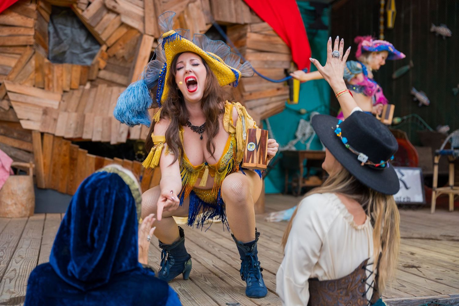 A costumed performer interacts energetically with audience members during a renaissance fair show.