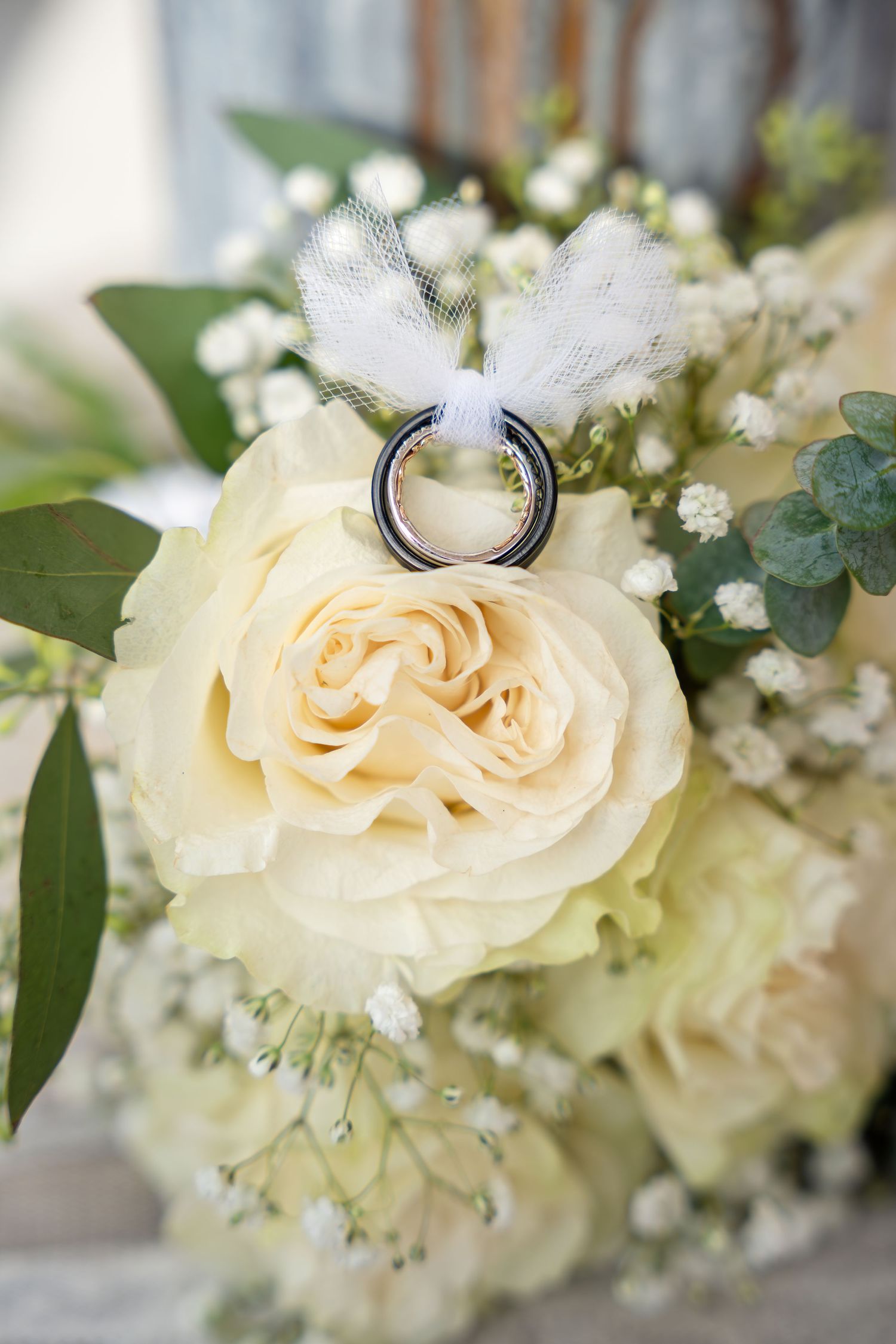 Wedding ring artfully photographed on cream rose with baby's breath and greenery.