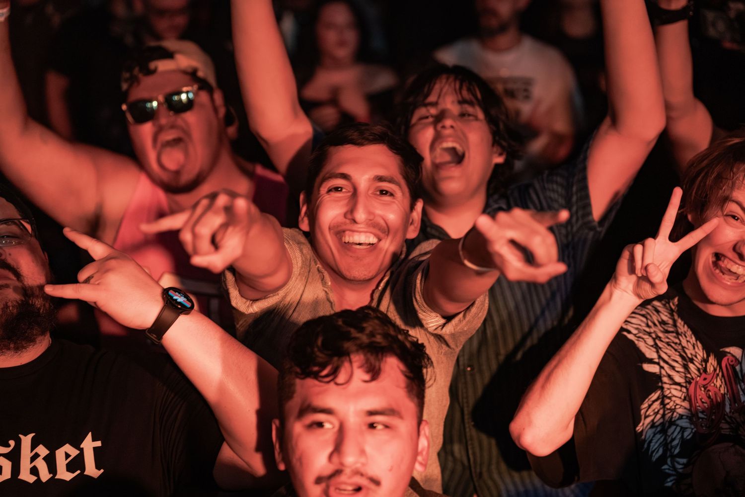 Excited crowd of young fans cheering at a live music concert, making rock signs under warm red stage lighting.