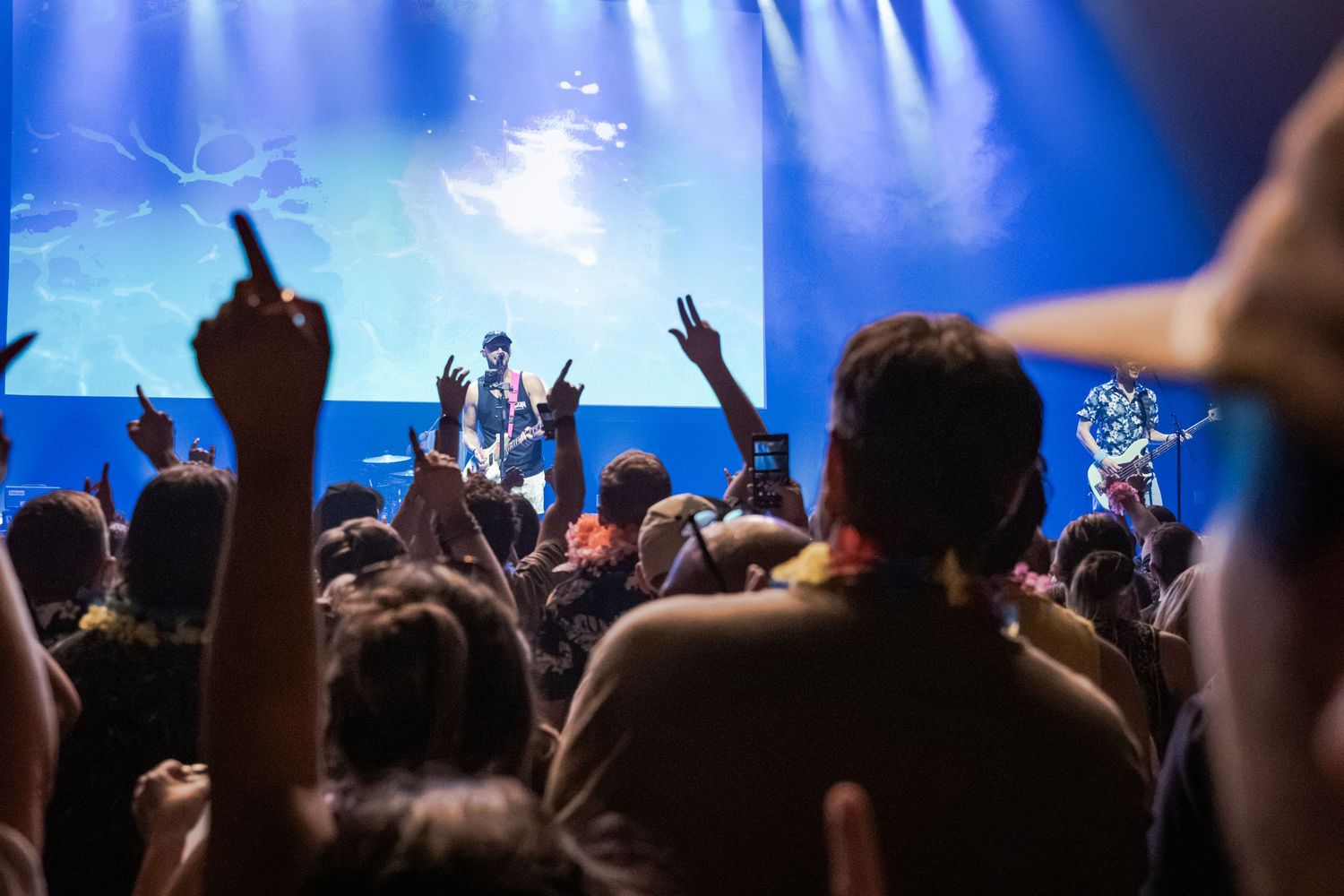 Crowd of concert fans with raised hands enjoying a live music performance on a blue-lit stage.