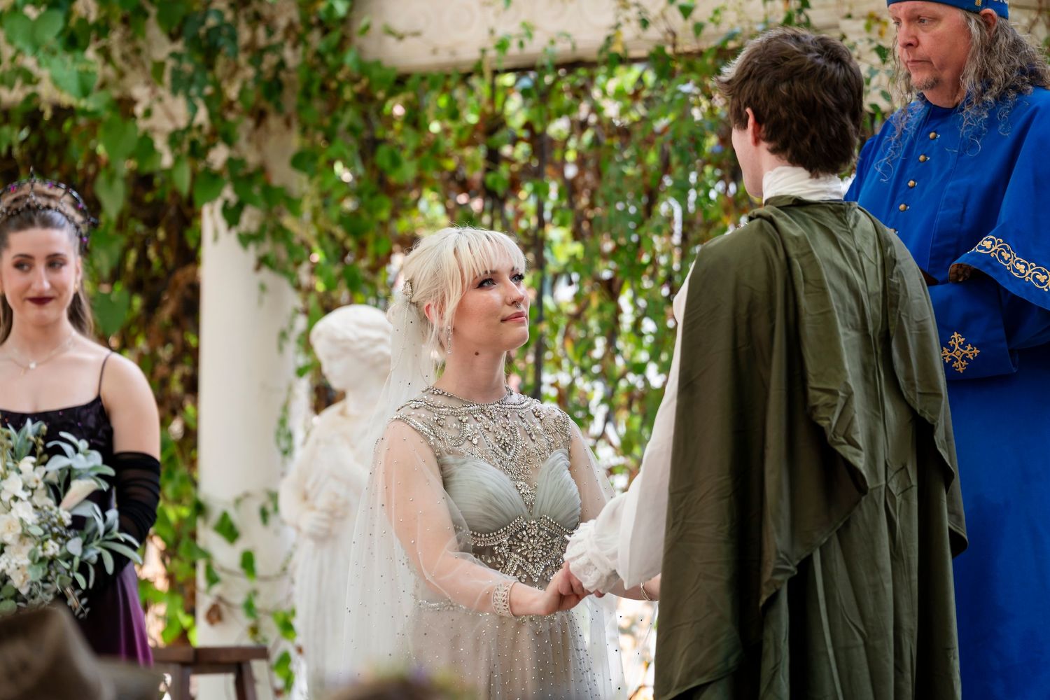 A collection of wedding photos showing couples celebrating and dancing at an outdoor reception.