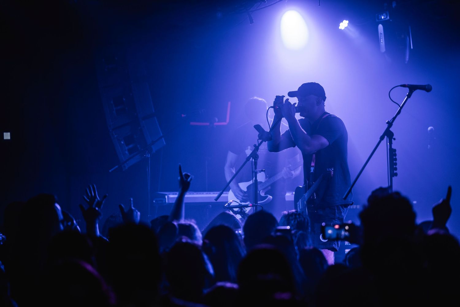 Silhouetted performer singing on stage at concert with blue lighting and crowd in foreground.