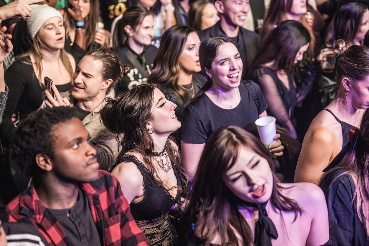 Diverse crowd of concert-goers enjoying live music performance with vibrant lighting effects.