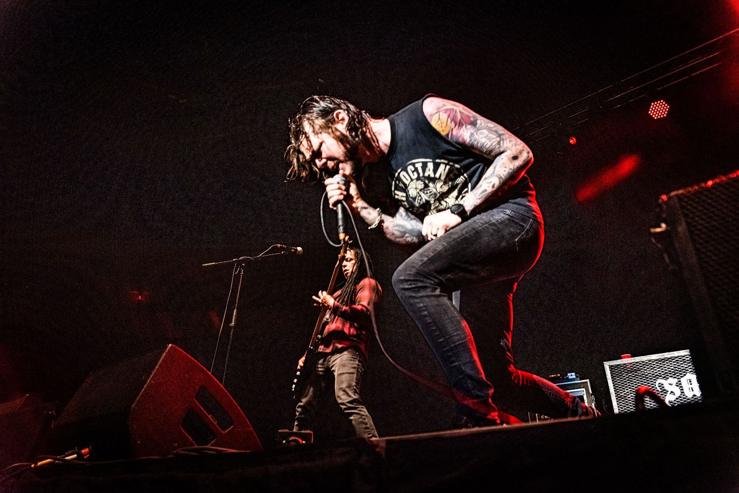 A dynamic concert shot of a performer leaning forward while singing on stage.