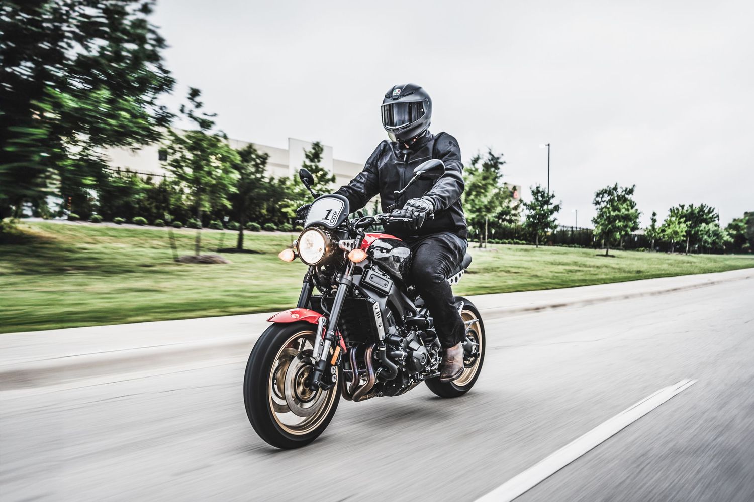 Action shot of motorcycle rider in black gear cruising past green landscape.