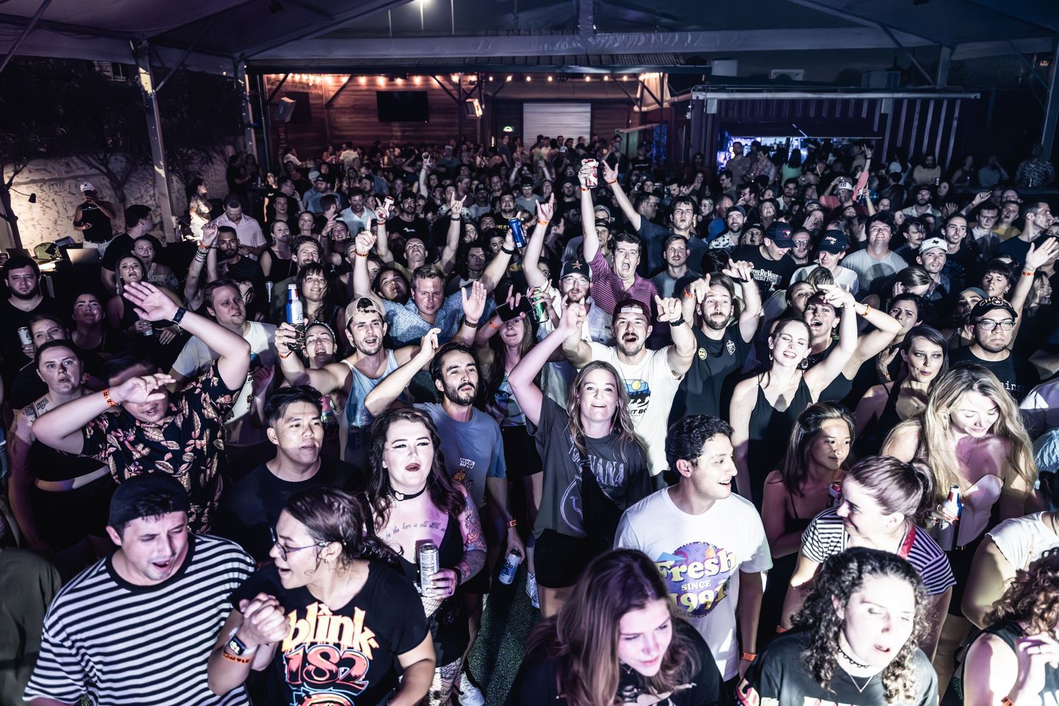 Large crowd of music fans packed together at an indoor concert venue with hands in the air.