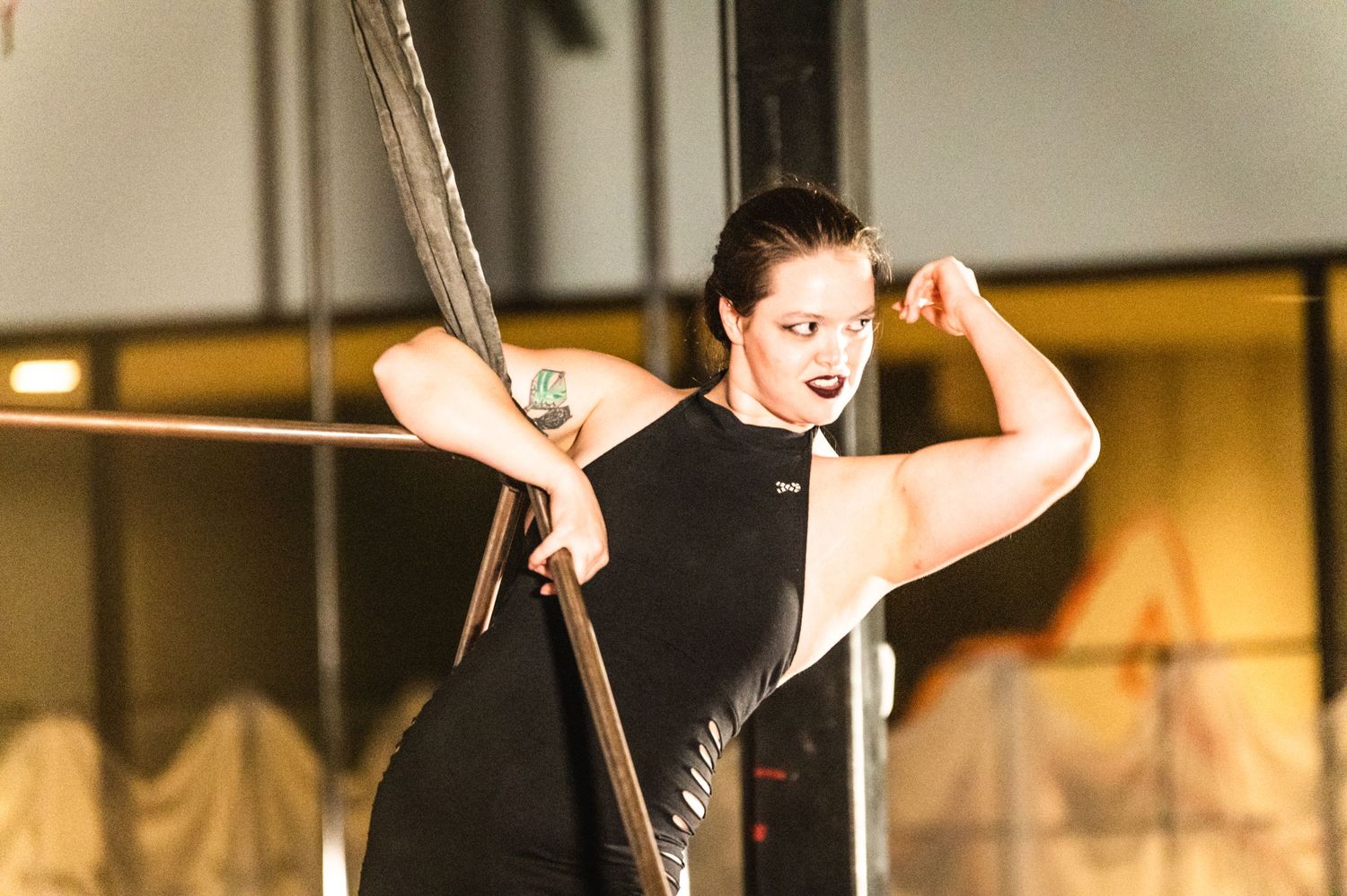A performer in black attire demonstrates strength on aerial equipment in a studio.