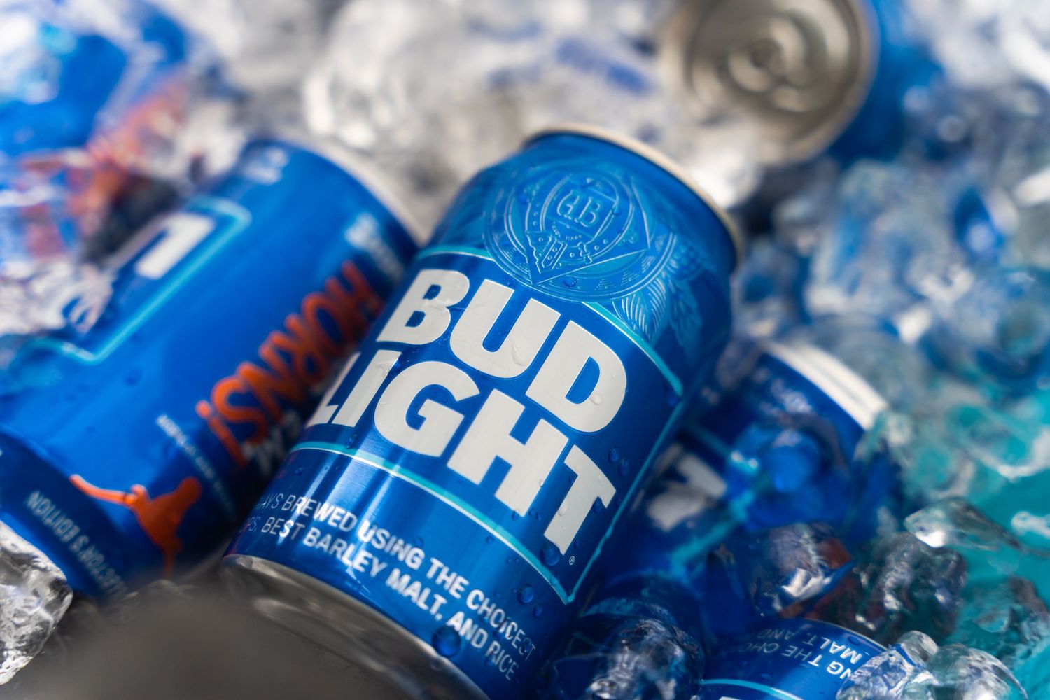 Ice cold Bud Light beer cans chilling in a cooler filled with ice.