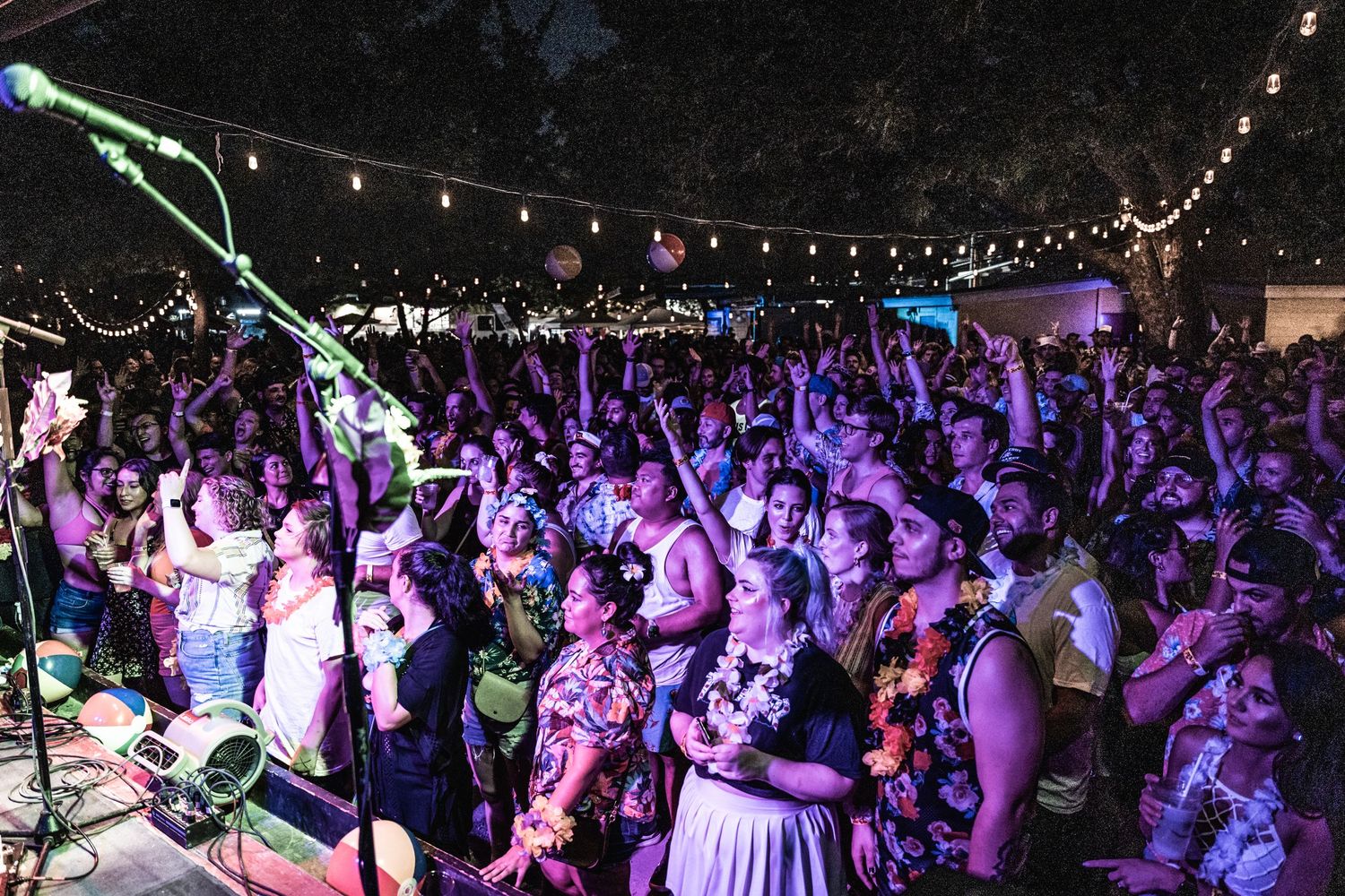 Large crowd at an outdoor concert illuminated by purple lighting and string lights.