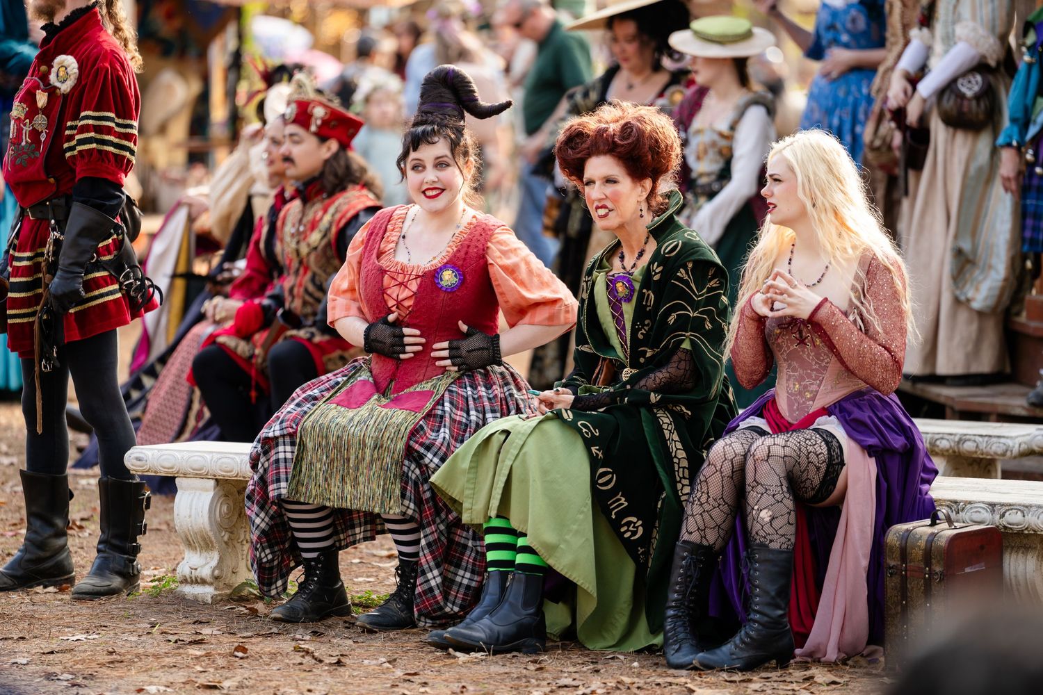 A group of people in colorful costumes gather at a Renaissance festival enjoying entertainment and festivities.