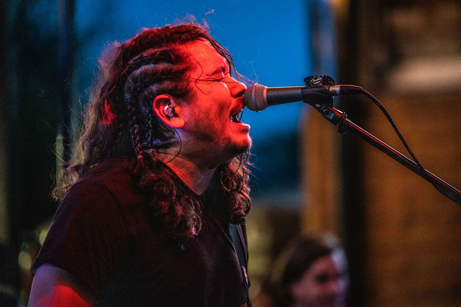 Passionate musical performance on stage with warm lighting and wooden backdrop.