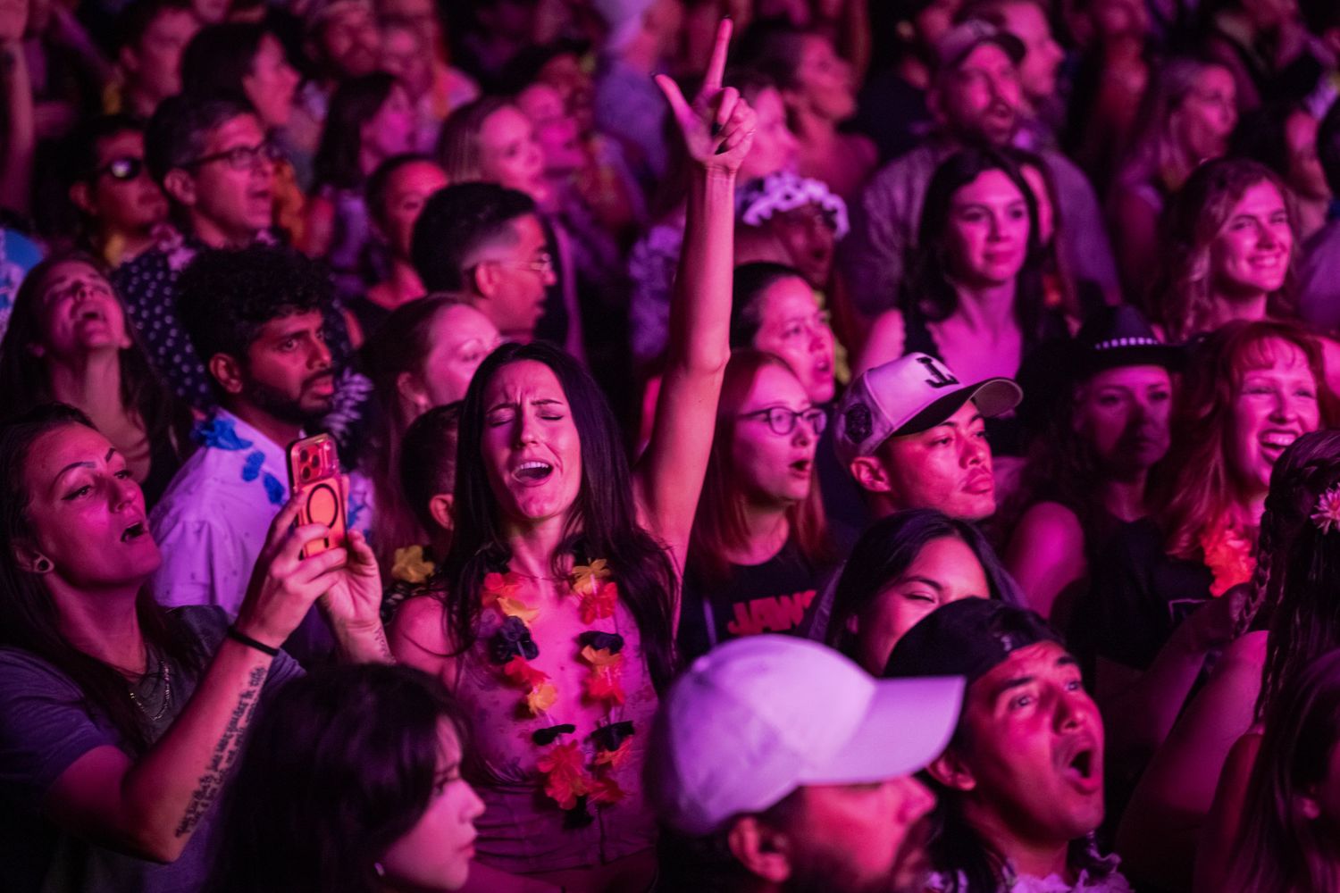 Excited crowd of concert fans bathed in purple light, cheering and raising hands at a live music festival event.