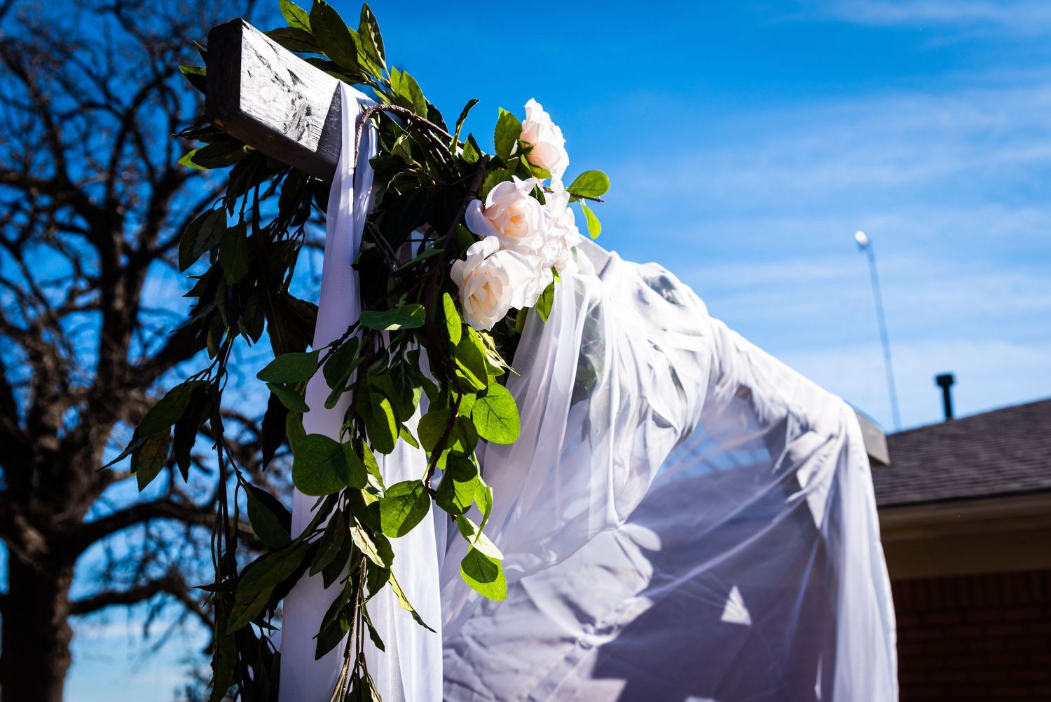 White wedding arch decorated with green vines and flowers against bright blue sky.