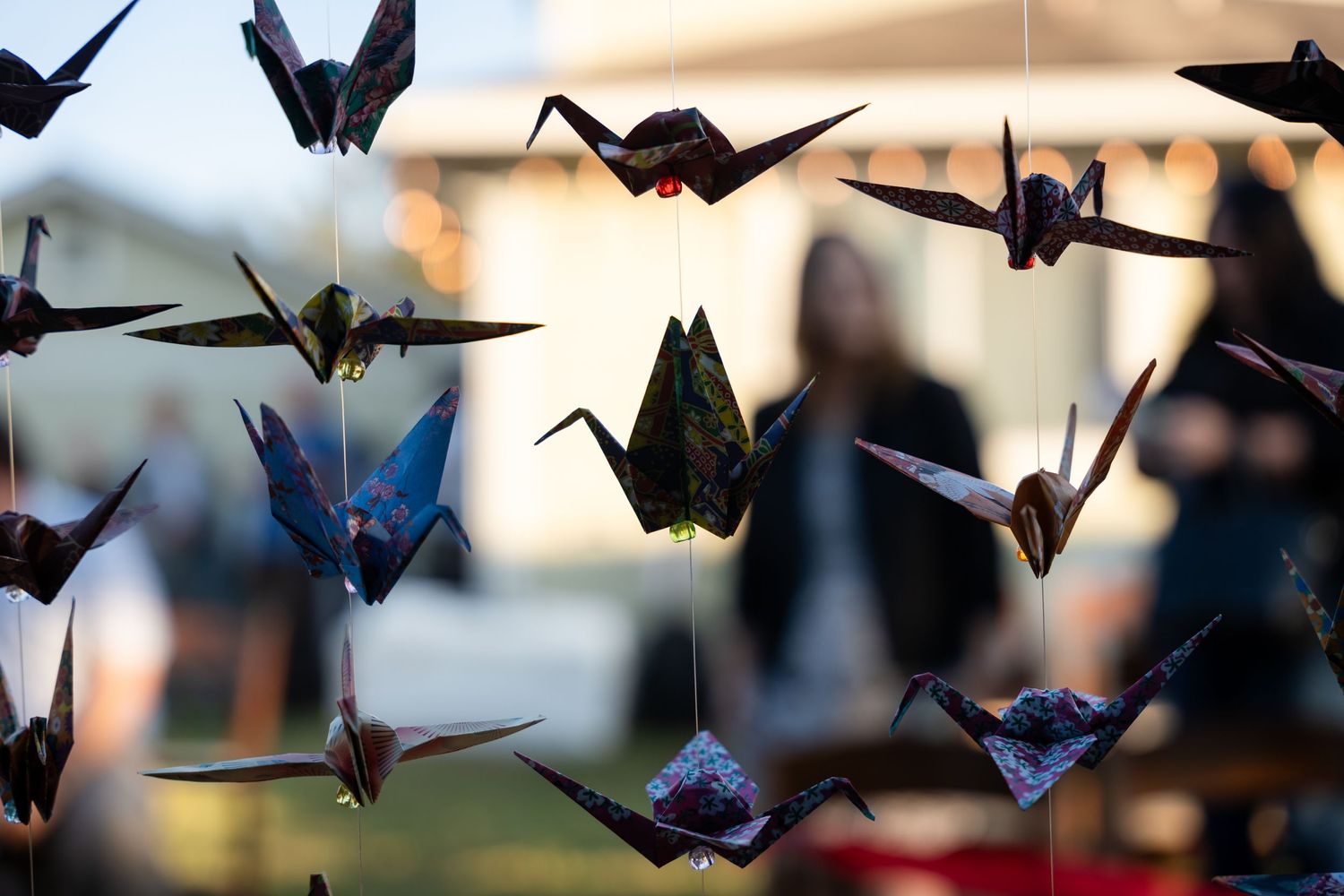 Black and blue origami paper cranes suspended against a blurred background.