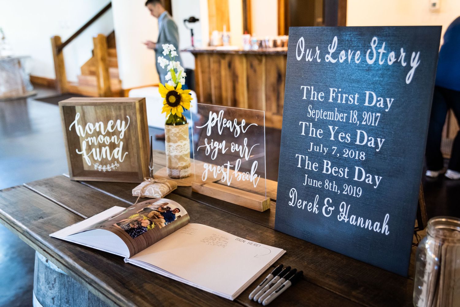 Rustic wedding decor with wooden signs, sunflower, and guestbook on a table.