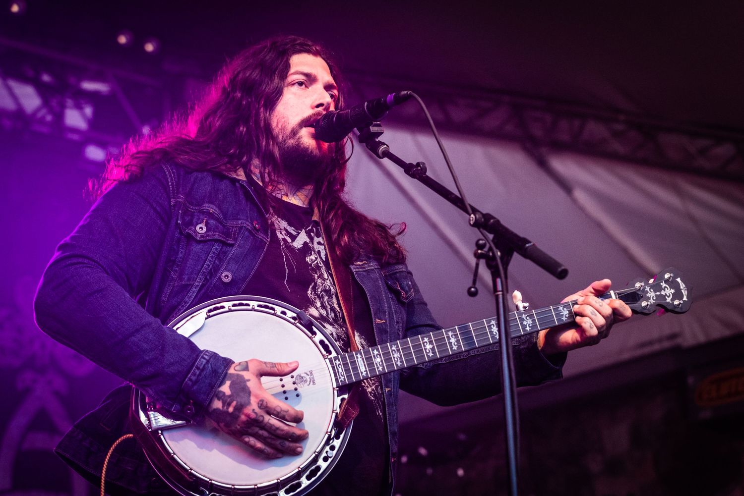 Musician performing with banjo under purple stage lighting at live concert.