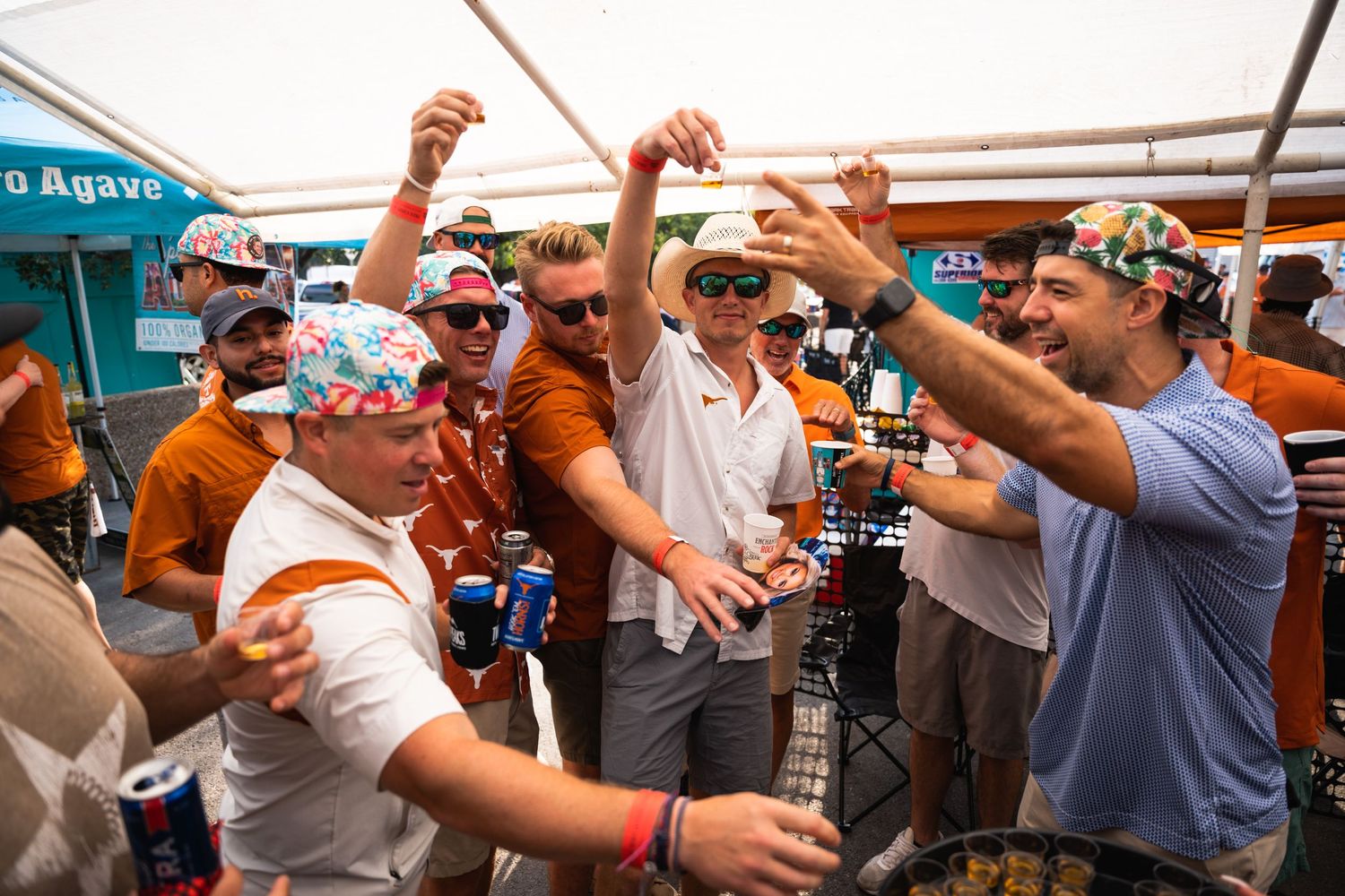 Group of friends raising their drinks in celebration at an outdoor party.