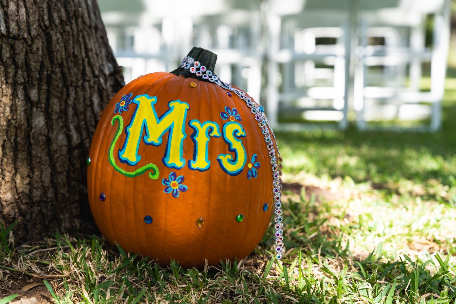 A decorative orange pumpkin painted with 'Mrs' sits in garden setting with white fence background.