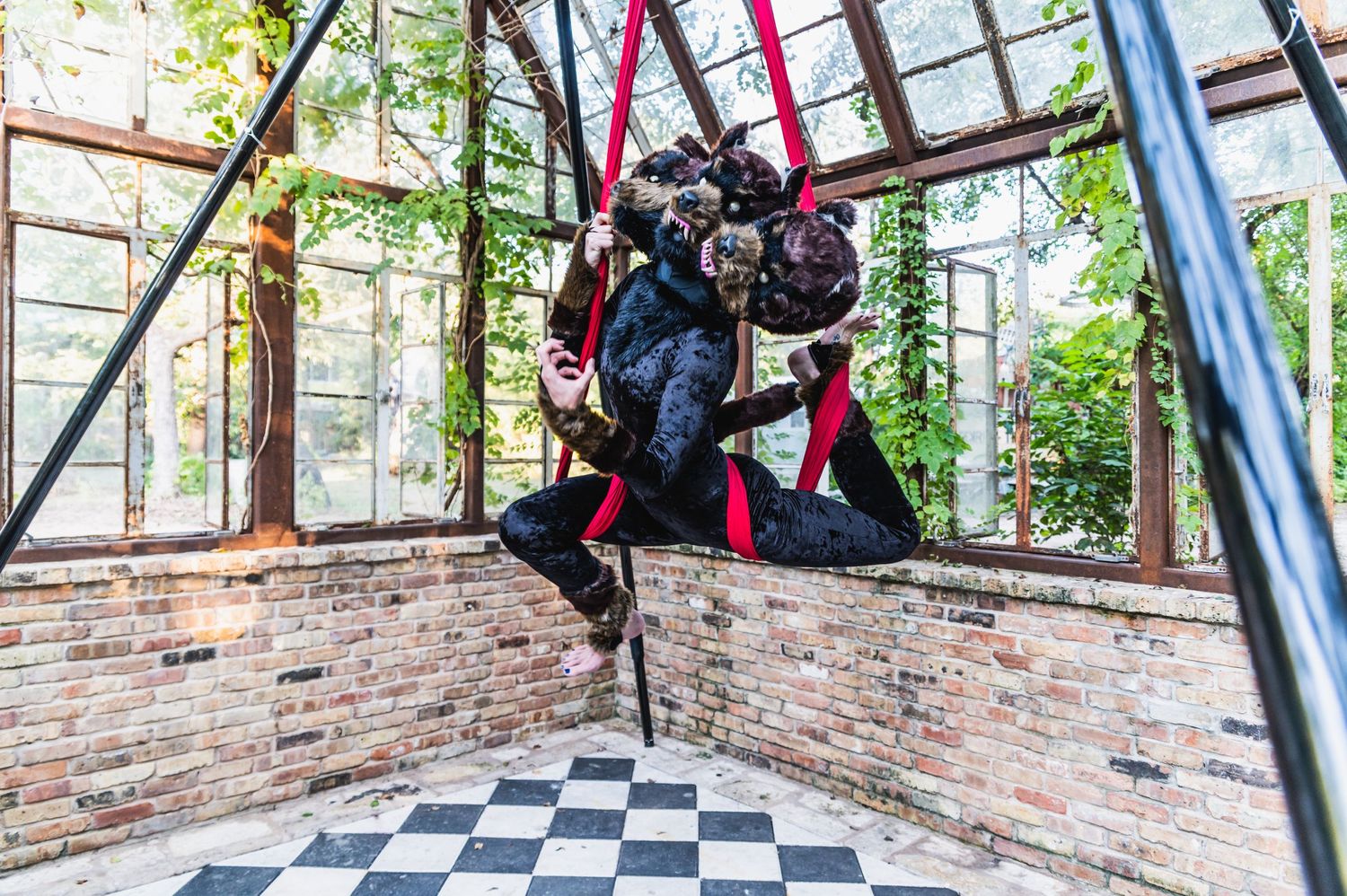 Performer executing an aerial silk routine in a glass-walled space with brick walls.