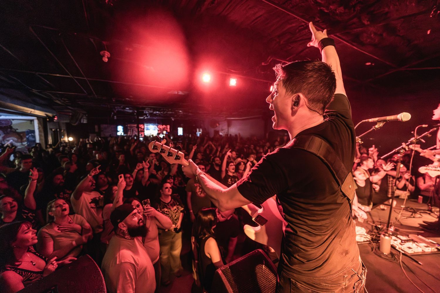 Performer on stage with raised arm as crowd cheers under red concert lighting.