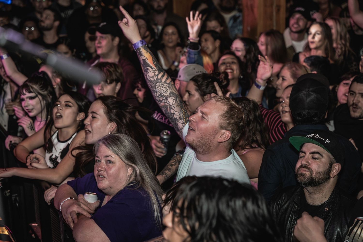 Animated concert crowd cheering with hands raised during live performance.
