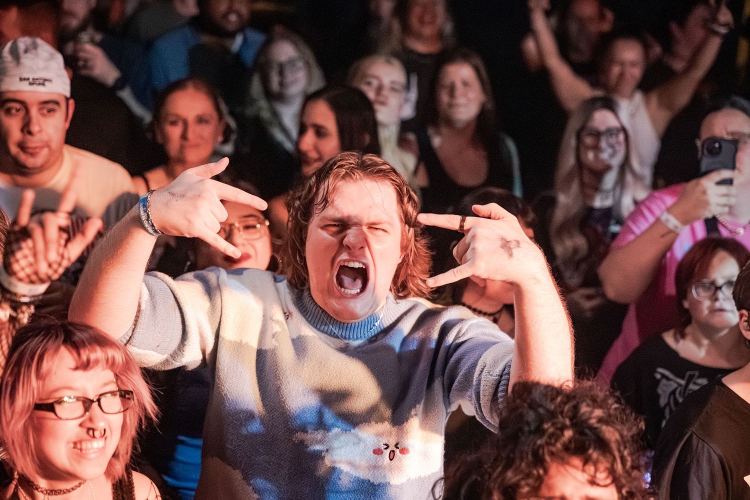 Excited concert fan making rock hand gestures in a crowded music venue audience.