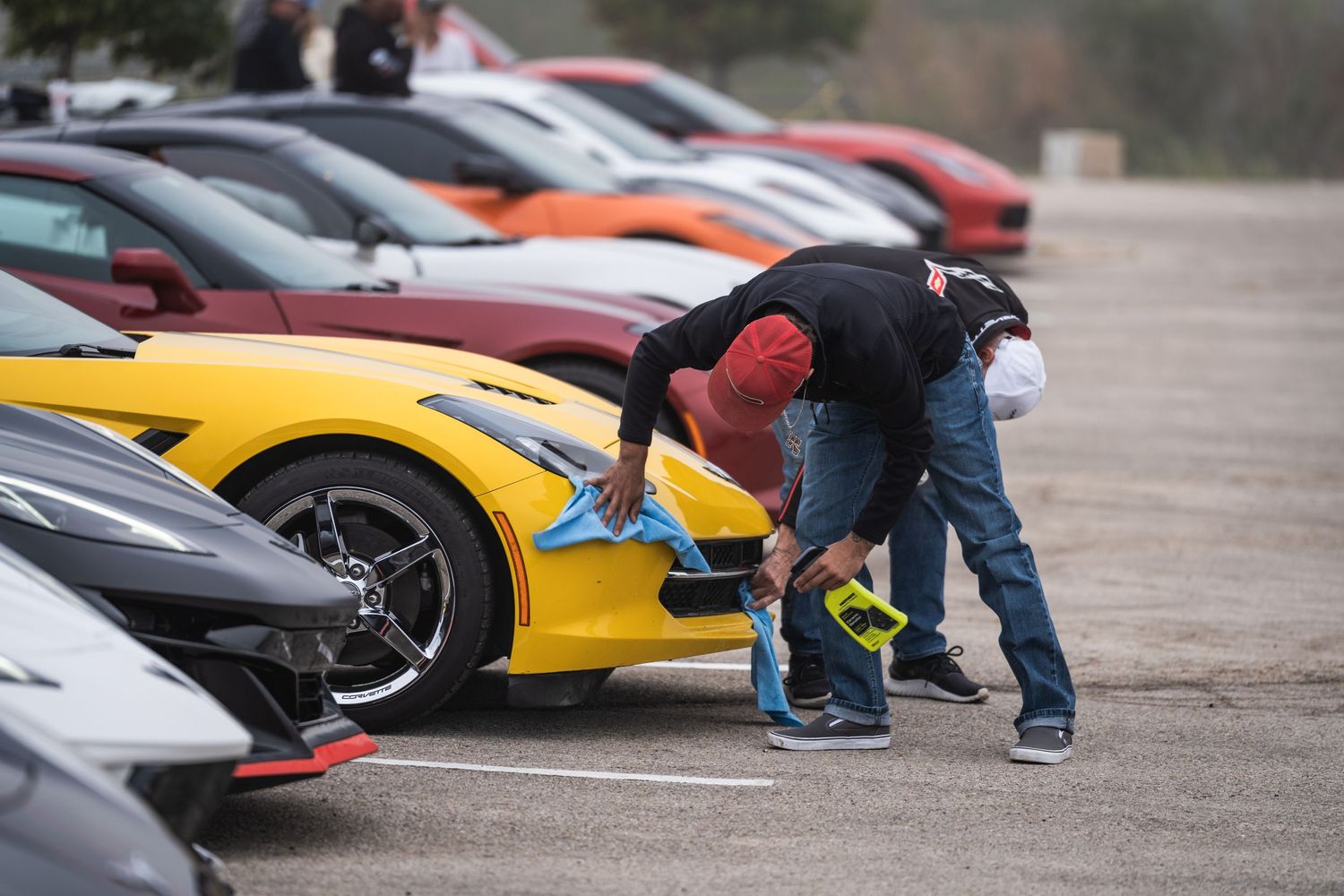 A line of colorful Corvettes parked at a car show event.