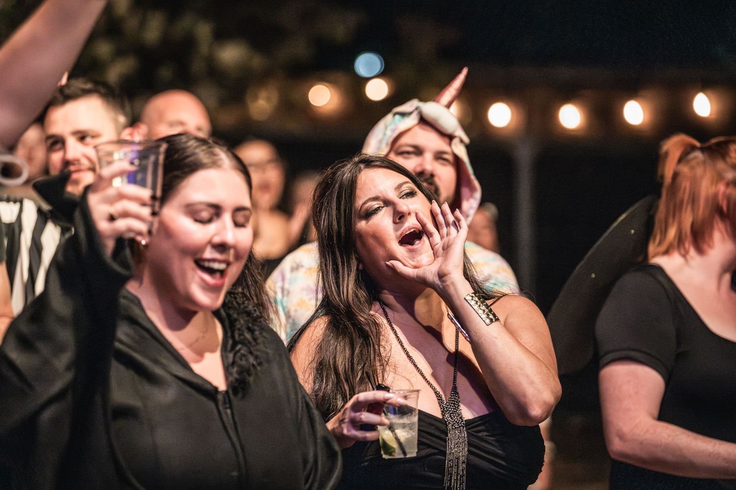 Energetic concert attendees singing and dancing at an outdoor music festival.