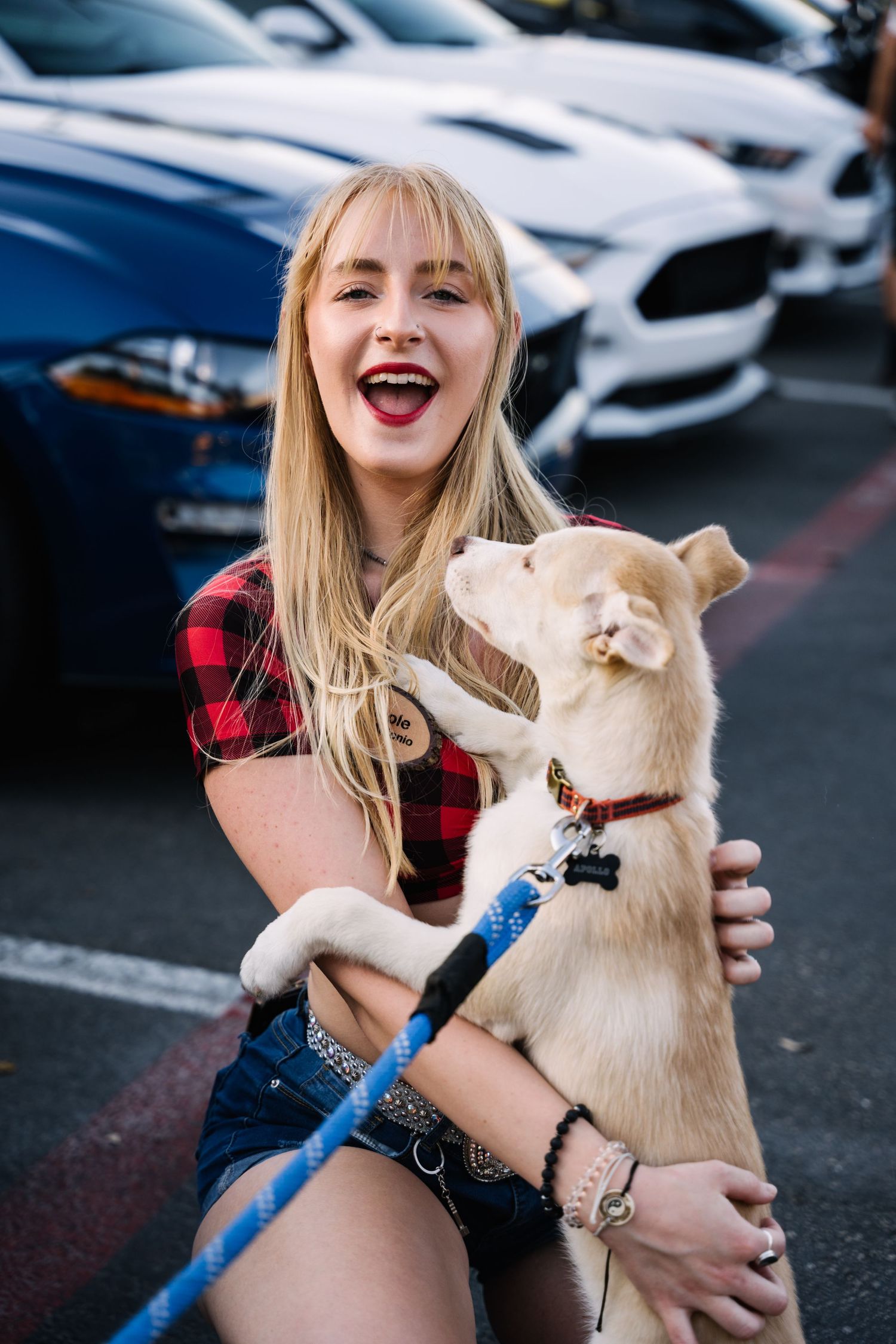 Energetic dog owner in plaid shirt plays with happy white puppy in parking lot.