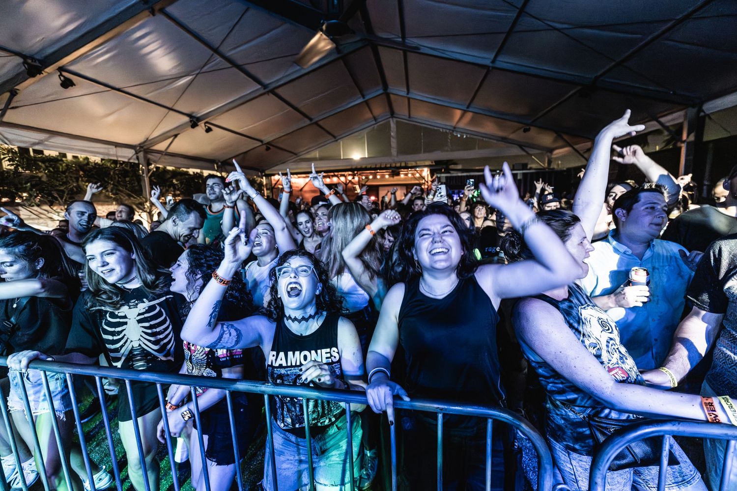 Concert audience behind metal barriers cheering with raised hands at an outdoor music festival.