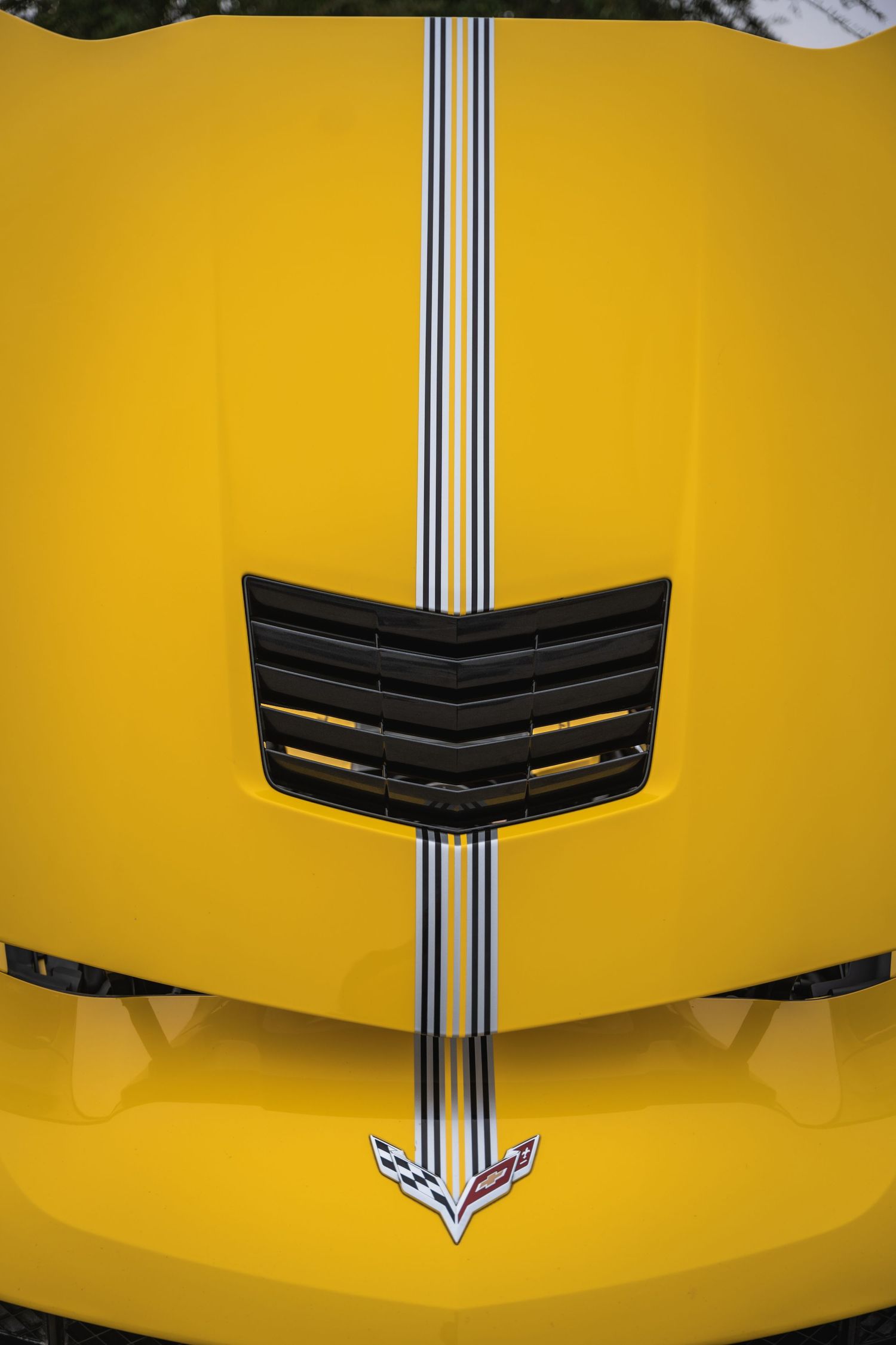Yellow Corvette hood with black racing stripes and crossed flags emblem.