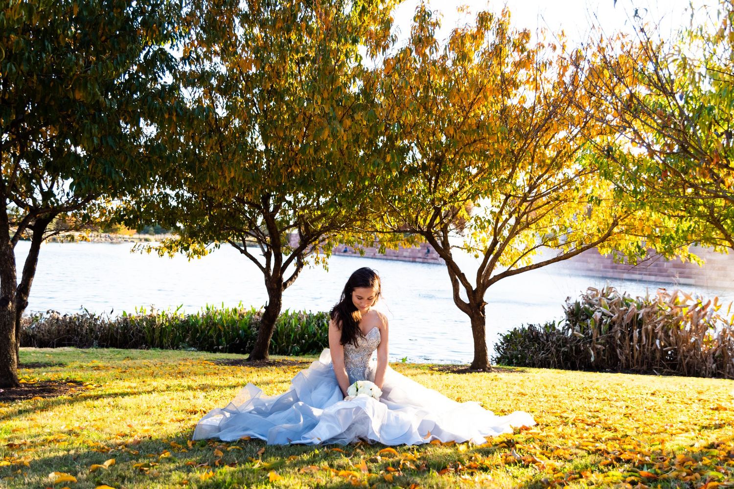 Bride in white dress sits on grass with golden sunlight filtering through trees.