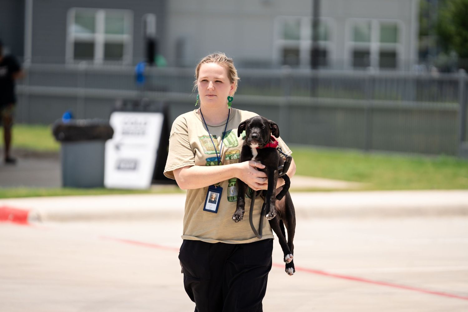 Animal shelter staff member carrying a small black puppy outdoors.