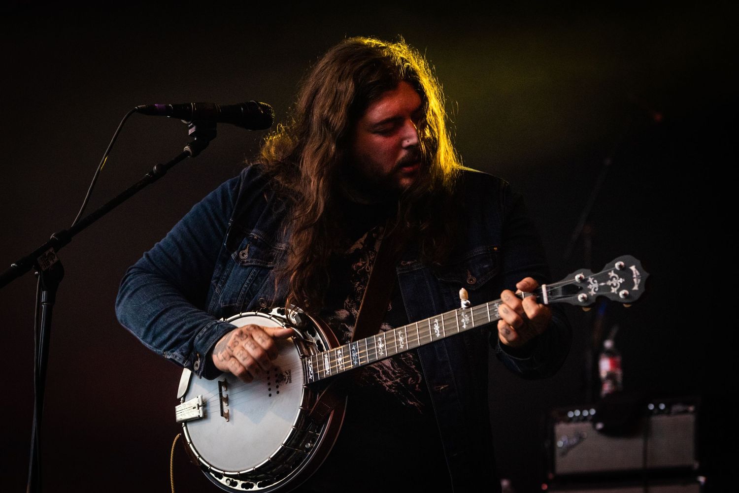 Musician playing banjo under golden stage lighting during live performance.