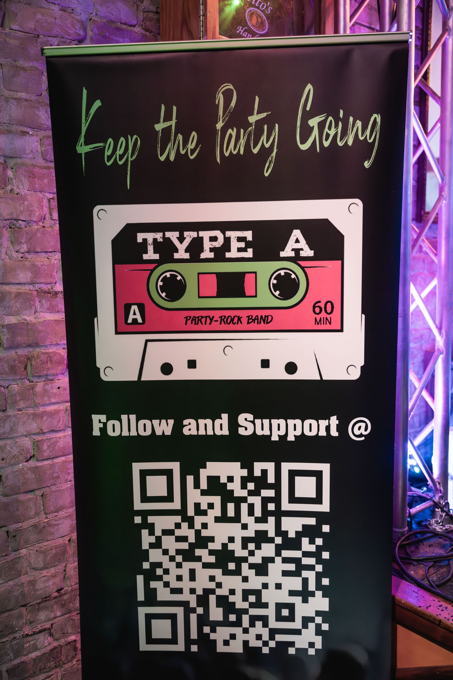 A promotional banner displays a cassette tape logo for Type A band with QR code and text.
