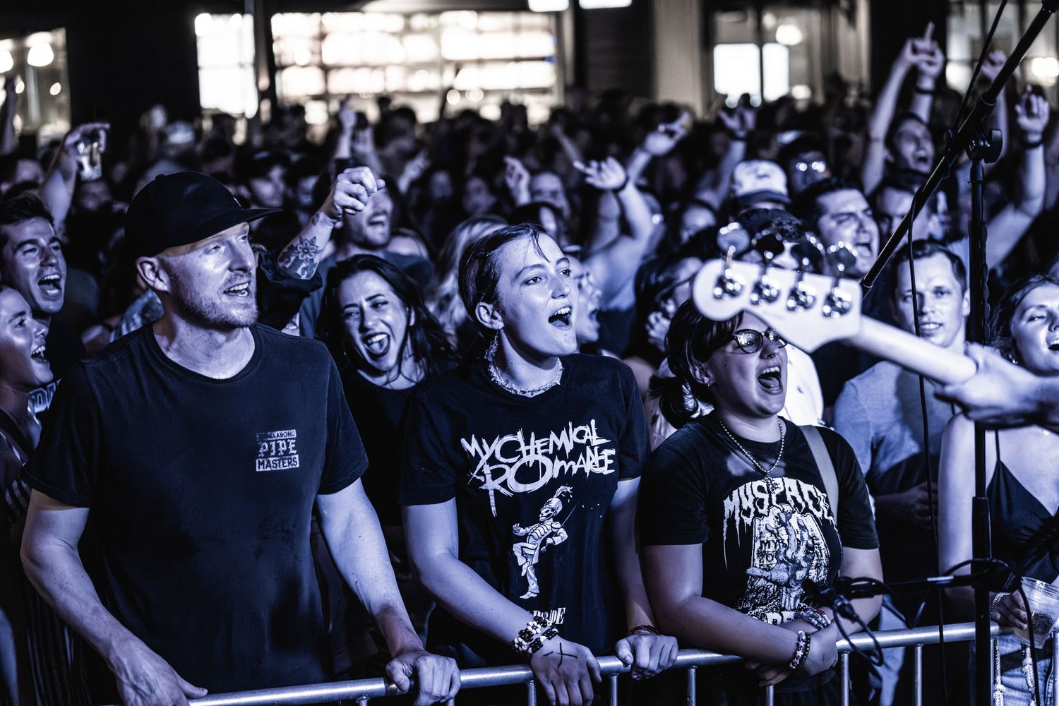 Energetic crowd of concert-goers cheering at a punk rock show with hands raised in excitement.