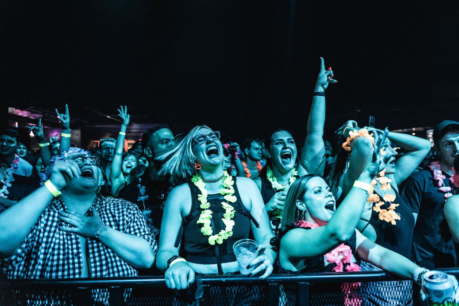 Concert crowd wearing Hawaiian leis cheers enthusiastically under blue stage lighting at a live music show.