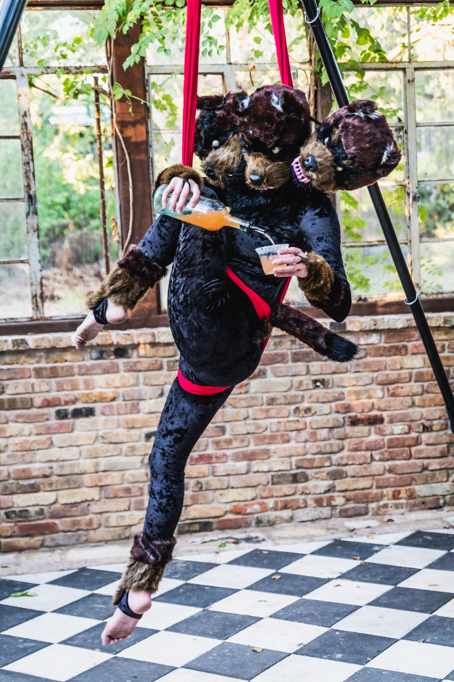 Aerial performer in dark costume strikes dramatic pose on red silks in sunlit studio.