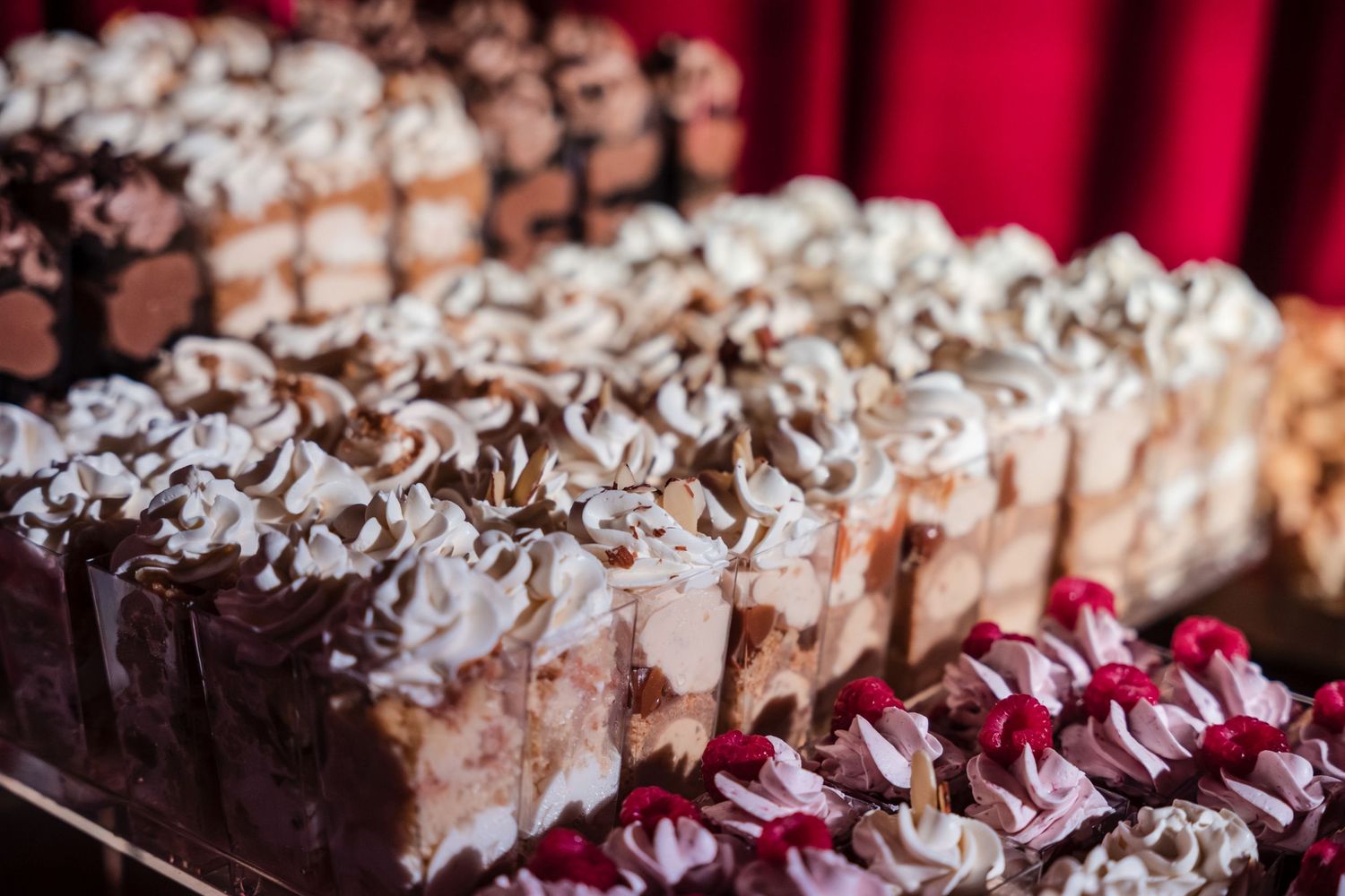 Rows of chocolate and coconut macaroon desserts lined up on a dark surface with red background lighting.