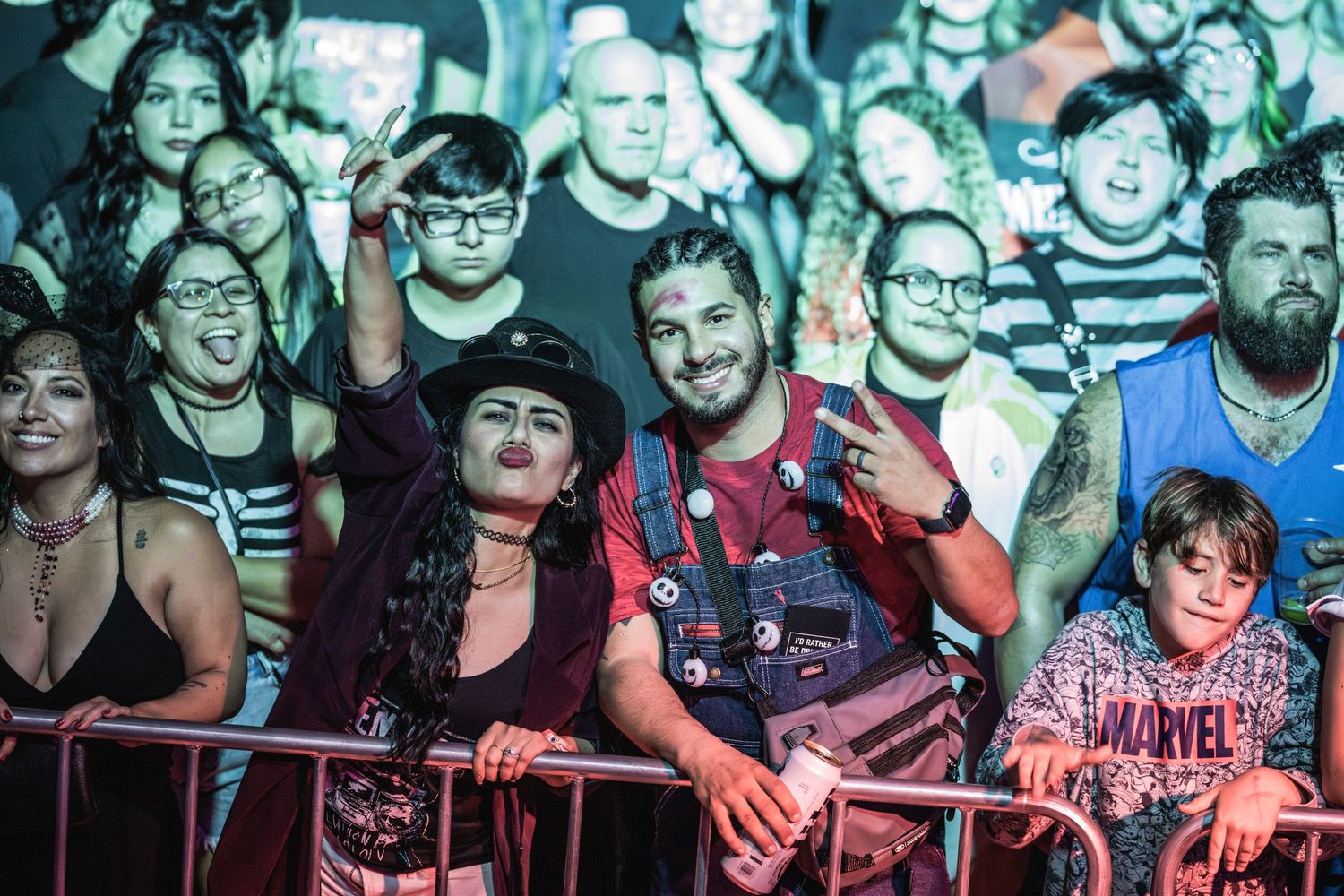 Diverse crowd of fans at concert barrier showing excitement and enthusiasm.