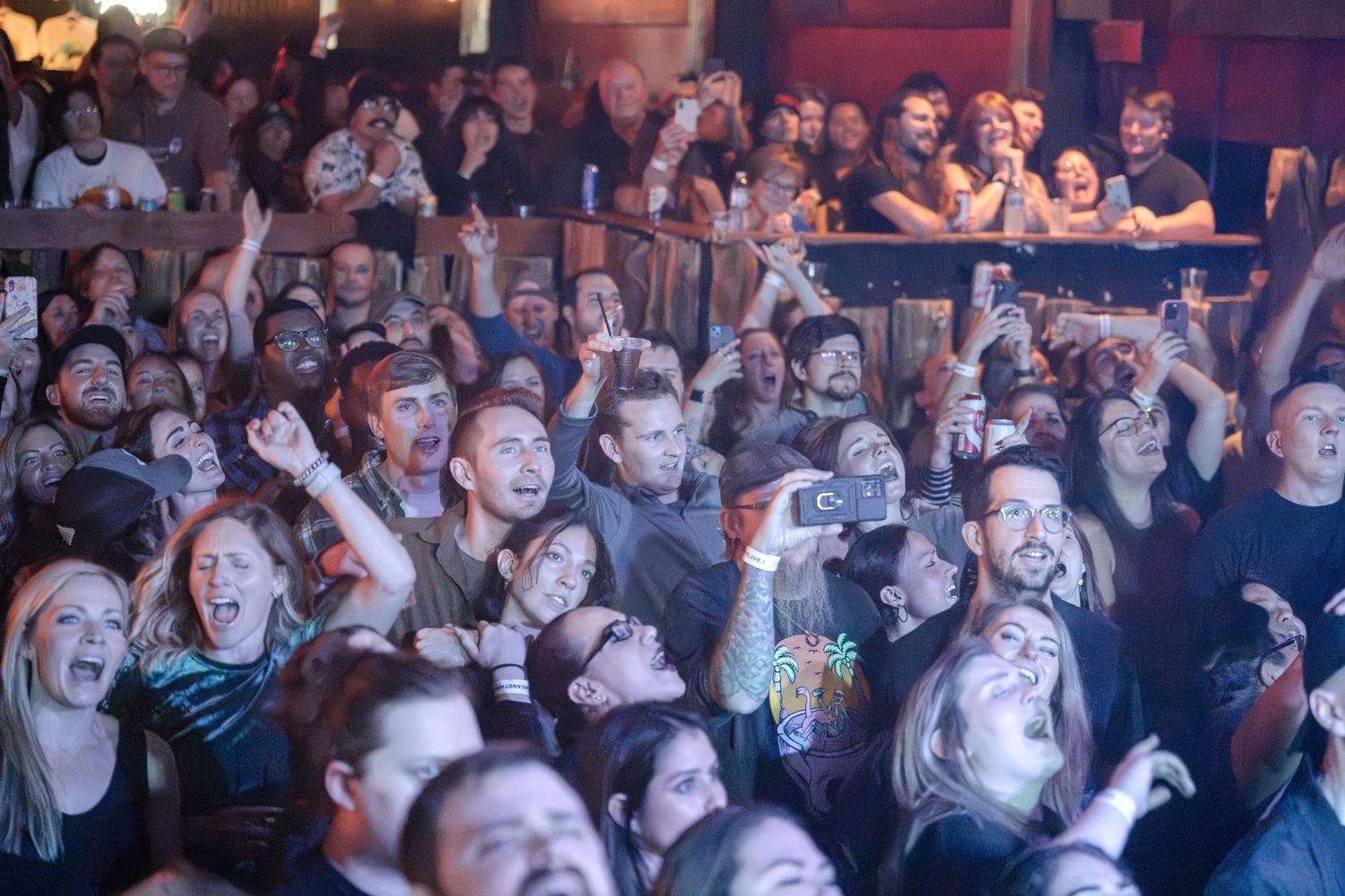 Large concert crowd with raised hands and phones watching a live performance.