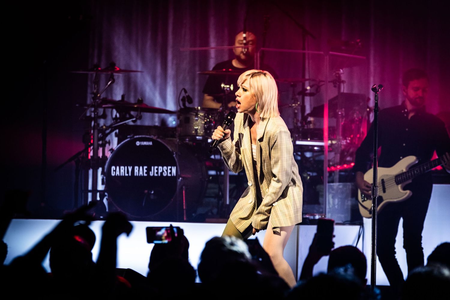 Live music performance on stage with colorful lighting and crowd silhouettes in foreground.