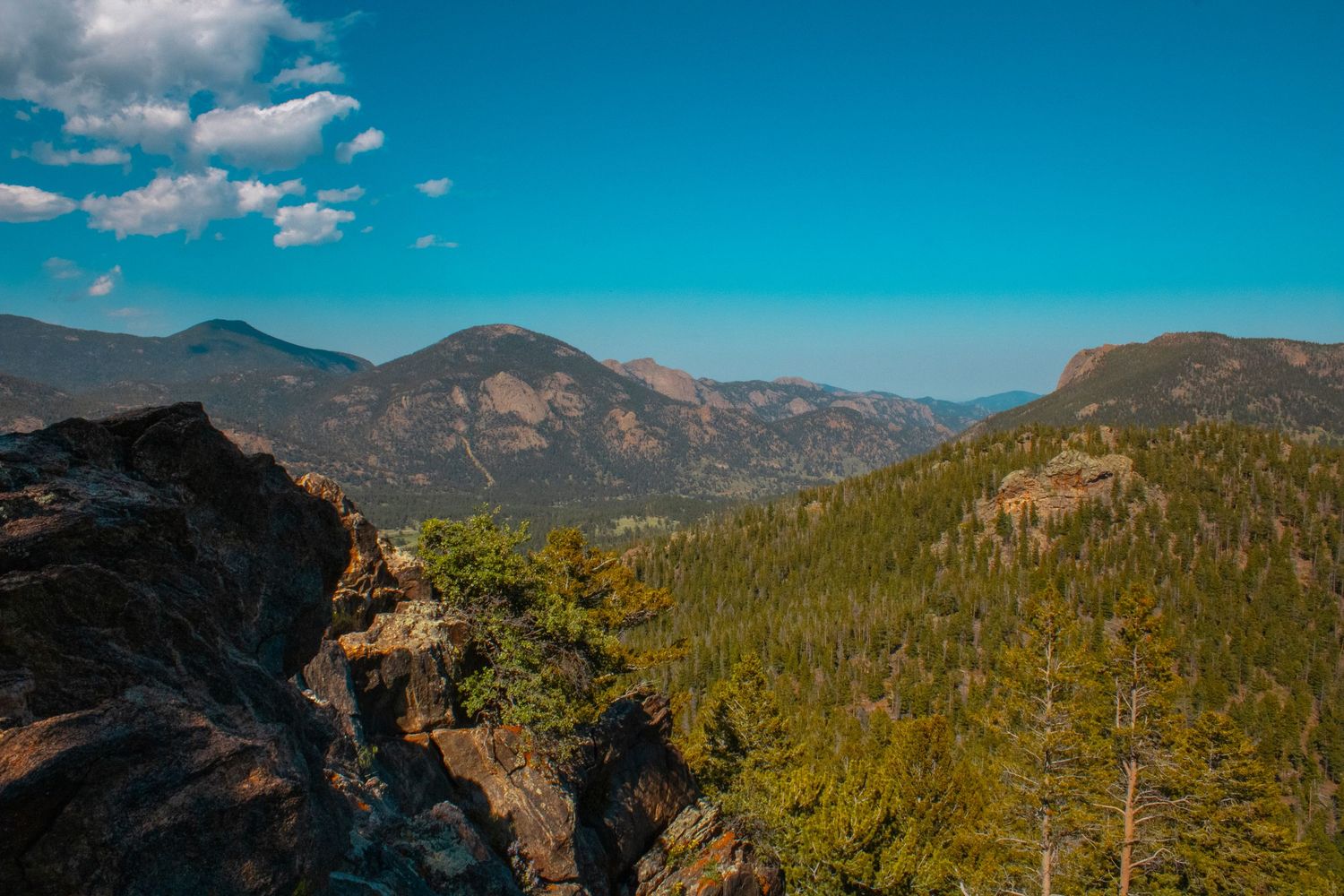 Sweeping mountain landscape with forested valleys and rocky peaks under scattered white clouds.