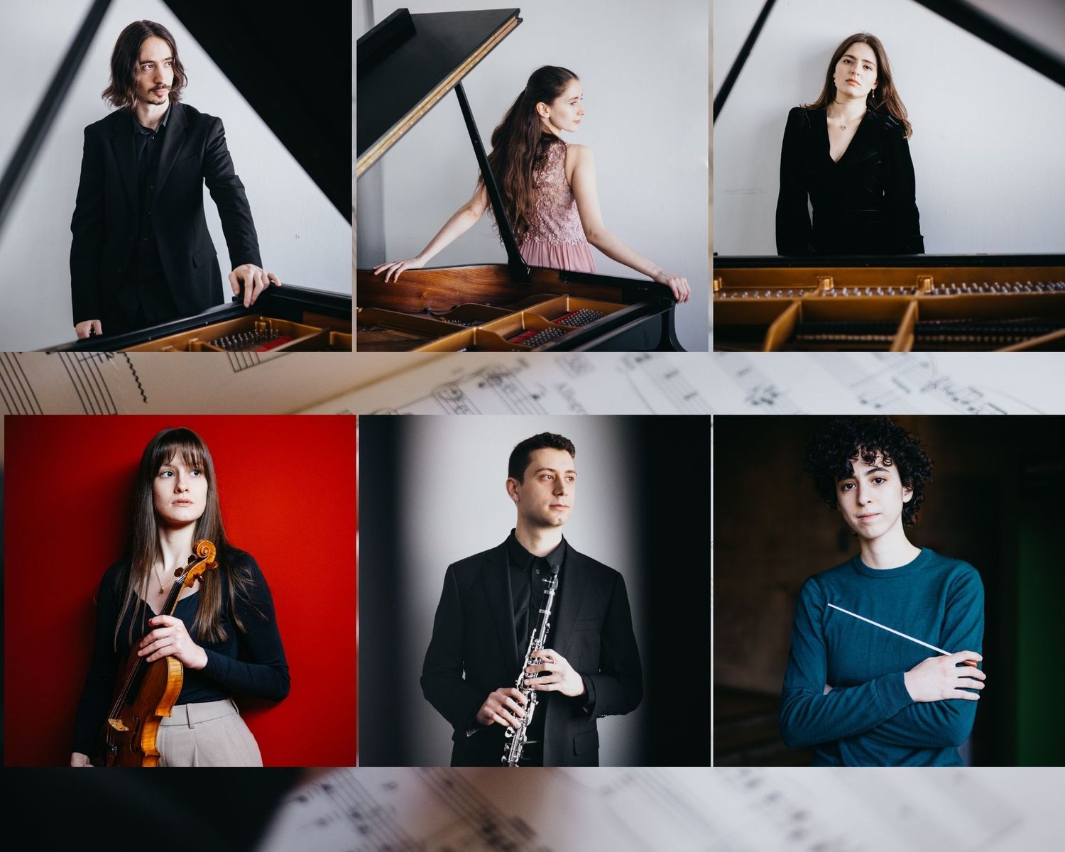 Collage of six young classical musicians with instruments including piano, violin, clarinet, and baton.
