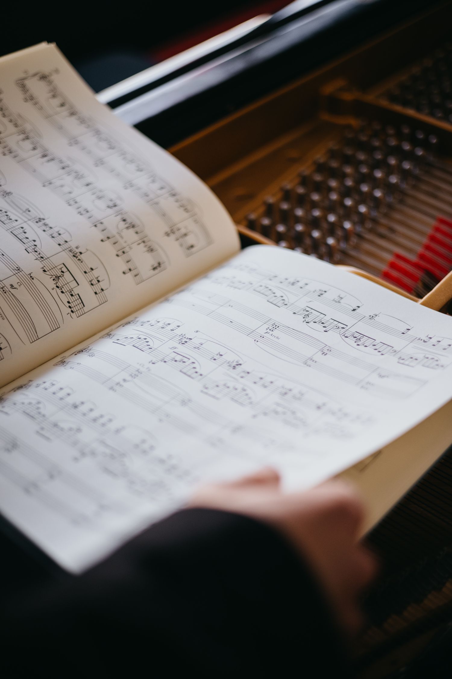 A musician reads sheet music on an open book resting on a grand piano, with piano strings visible in the background.